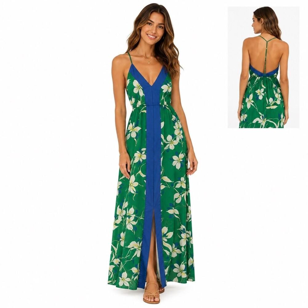Lulus Dress Womens Small Green Floral Strappy V Neck Maxi Sundress Front Slit